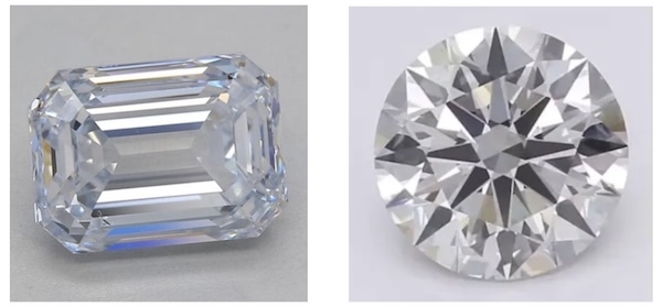 A side-by-side comparison of two lab-grown diamonds. The left emerald-cut diamond exhibits a blue nuance caused by excess boron, while the right round brilliant-cut diamond has a gray tinge likely due to microscopic graphitic inclusions. Both color issues can affect the visual appeal of lab-grown diamonds.